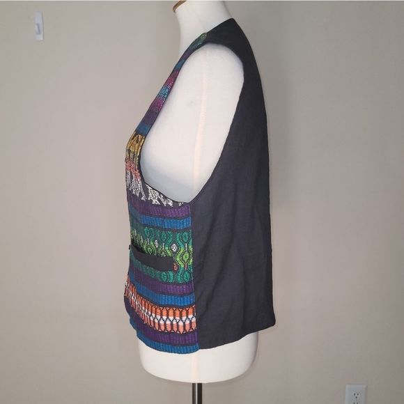 MULTICOLOR Black Multicolor V-Neck Textured Sleeveless Vest Pockets - Large - Picture 5 of 10
